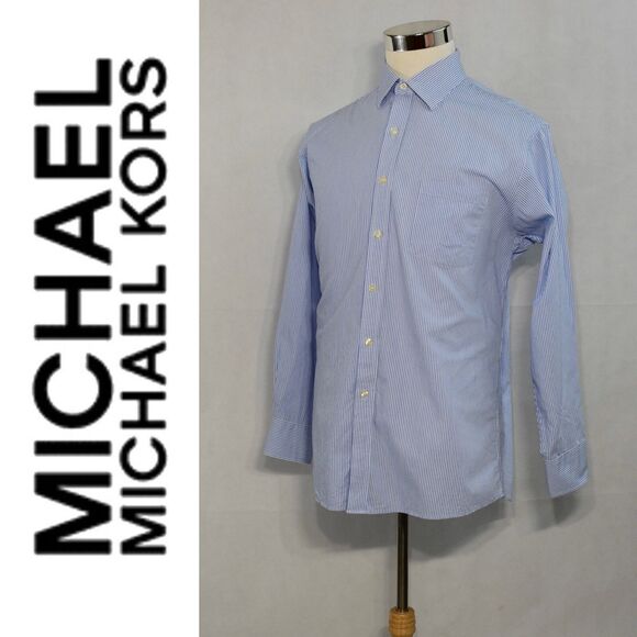 MICHAEL KORS Men’s Pen Striped Dress Shirt Size L 16 34/35 Blue Button Up LS - Picture 2 of 12